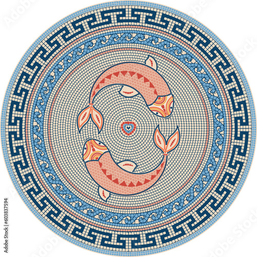 Mosaic circular ornament in Greek style marine motifs. For ceramics, tiles, ornaments, backgrounds and other projects.