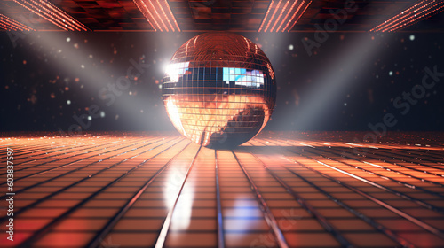 A shiny disco ball on a tiled floor. Generative AI.