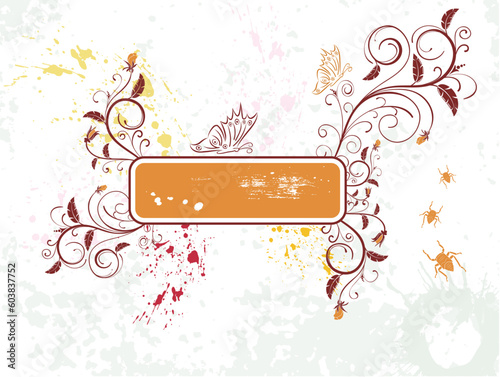 Abstract grunge floral frame with bug, element for design, vector illustration