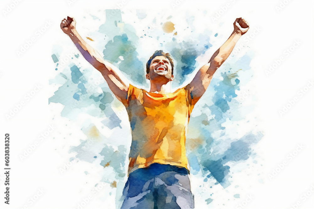 Successful happy accomplished athletic man stands with raised arms facing the sun