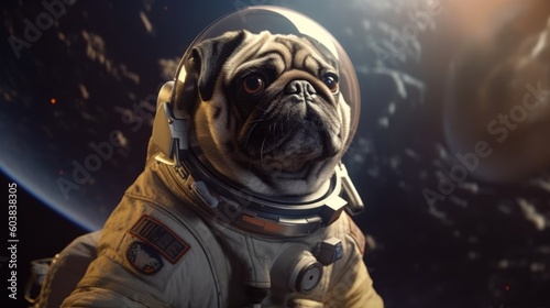 Astronaut pug ponders his existence in space.