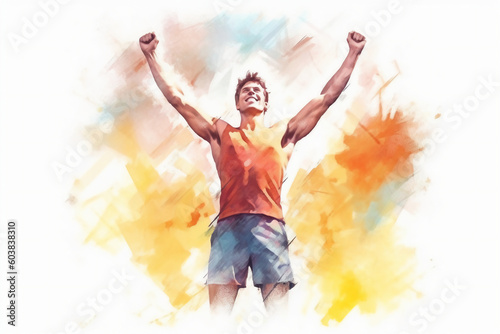 Successful happy accomplished athletic man stands with raised arms facing the sun