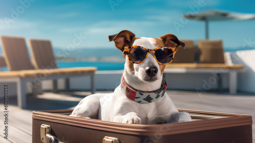 Jack Russell Terrier in sunglasses lies on a suitcase at the airport. Traveler dog. Generative AI