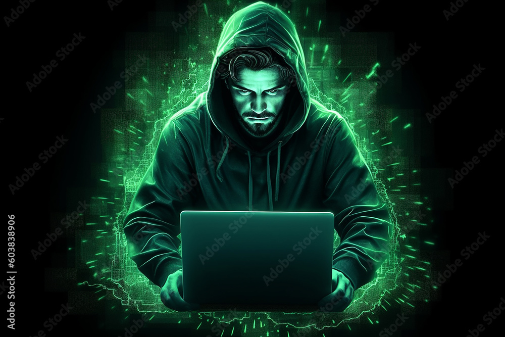 Cybersecurity - a man in a hoodie hacking on a computer against a green background. Generative AI Cybersecurity - a man in a hoodie hacking on a computer against a green background. Generative AI
