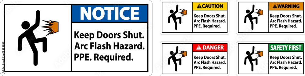 Danger Sign Keep Doors Shut Arc Flash Hazard PPE Required