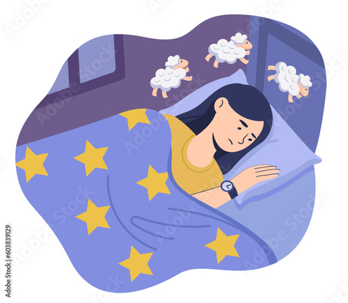 Woman falling asleep. Young girl lies on bed under blanket and counts sheep. Restoration of strength and correct regime of day, fight against insomnia. Cartoon flat vector illustration
