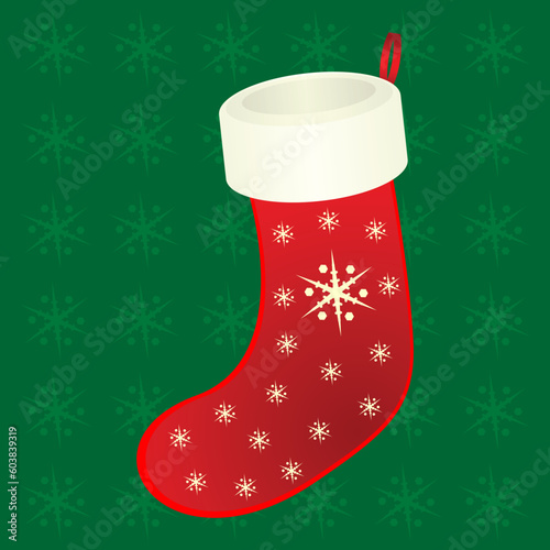 Christmas sock ornamented with snow crystals over green background