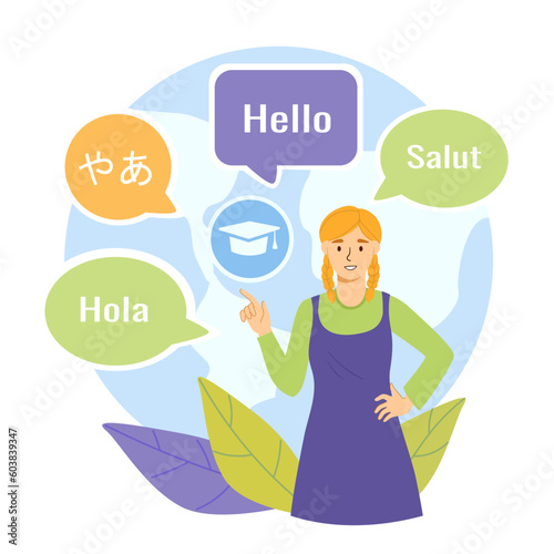 Girl speak languages. Woman greets in different languages. Character standing with speech bubbles with various words. Translator, international communication. Cartoon flat vector illustration © Rudzhan