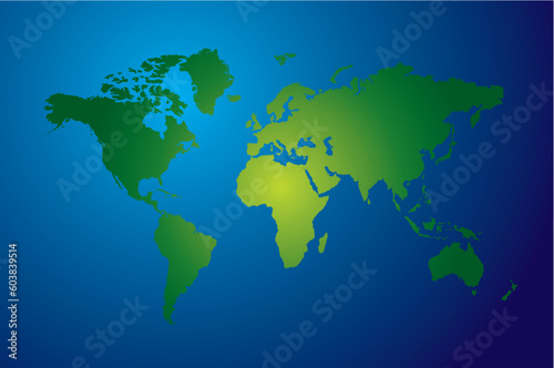 World map with the land in green and oceans in blue
