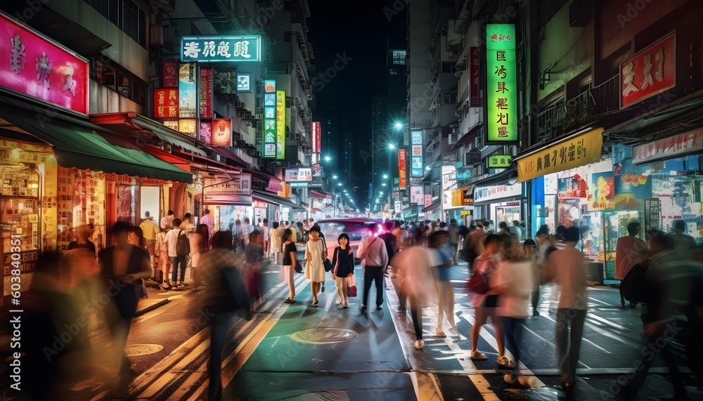 Night Pulse: A Captivating Capture of a Diverse and Energetic City Street teeming with Vibrant People and their Bustling Lives Generative AI