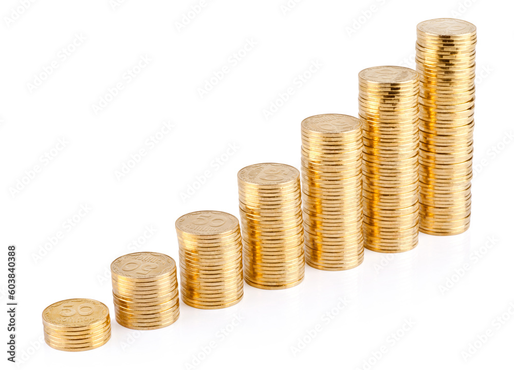 Increasing columns of gold coins isolated on white background. Increasing columns of gold coins isolated on white background.