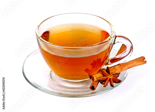 Glass cup of green tea with cinnamon sticks isolated on white background.