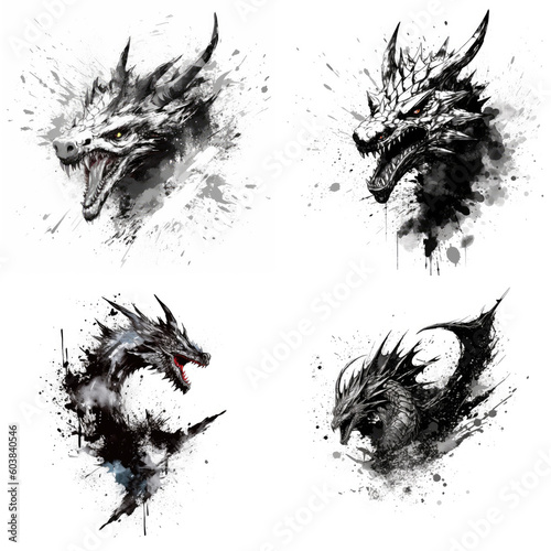 Pack of Fearsome Inked Dragons, Grunge Style