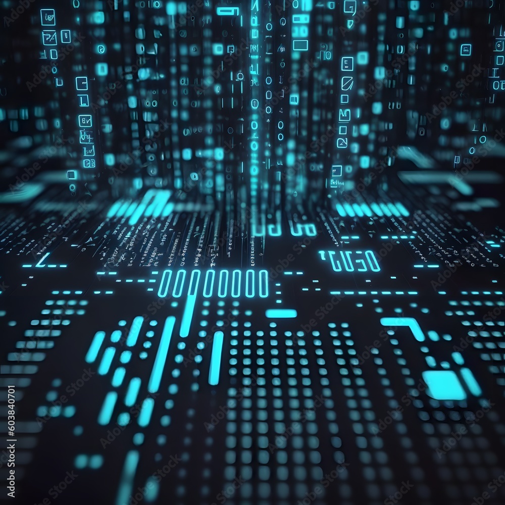Obraz premium Captivating Binary Code Matrix and Intriguing Geometric Shapes Composition - A Contemporary Digital Artistic Masterpiece Perfect for Online Business Website Graphics Generative AI