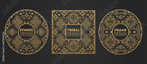 Set of Navajo vector cover templates, decorative Aztec borders, and geometric ethnic frames. Black and gold art decoration shapes set. 
