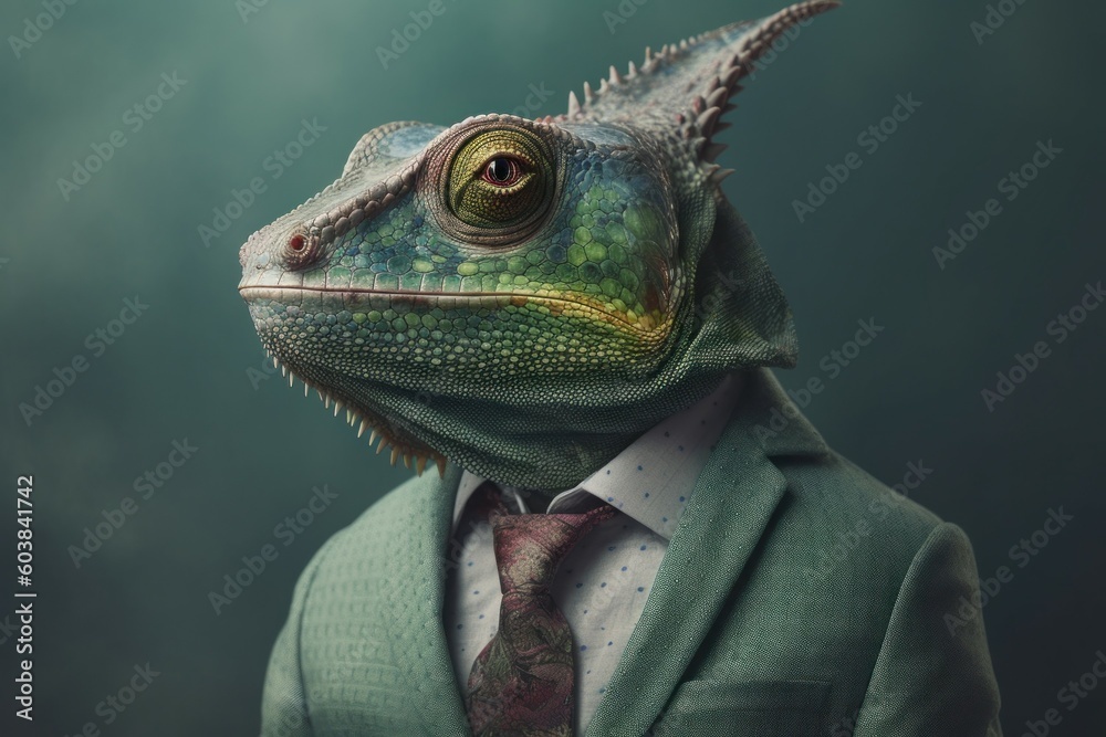 Anthropomorphic chameleon dressed in a suit like a businessman. business concept. AI generated, human enhanced