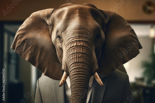 Anthropomorphic elephant dressed in a suit like a businessman. business concept. AI generated  human enhanced.