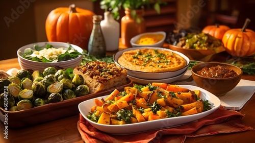 Foto Harvest Bounty on the Table: Vegetarian Feast Highlighting Seasonal Vegetables