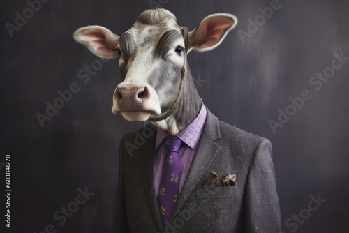 Anthropomorphic cow dressed in a suit like a businessman. business concept. AI generated, human enhanced