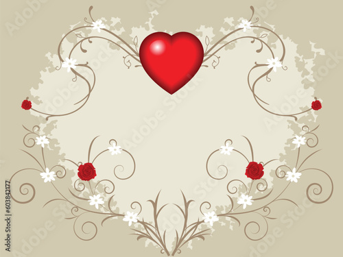 valentine background with big heart, roses and small flowers on vines