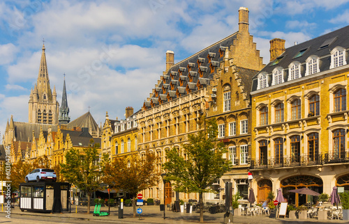 Summer landscape of city streets in Ieper with a view of residential buildings, Belgium