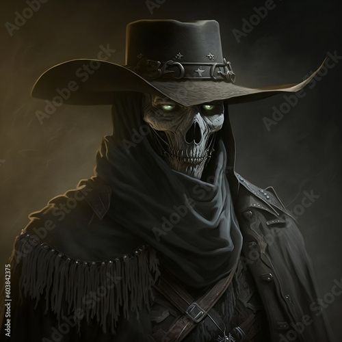 Skeletal Zombie Cowboy With Glowing Eyes Generative AI photo