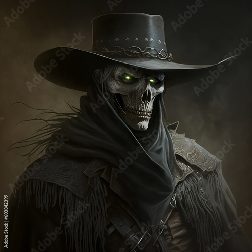 Skeletal Zombie Cowboy With Glowing Eyes Generative AI photo