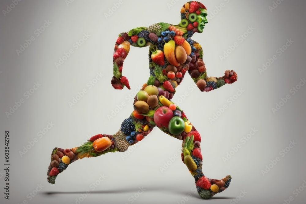 Silhouette of a man from fruits and vegetables. Energy concept for vegetarians. AI generated, human enhanced Silhouette of a man from fruits and vegetables. Energy concept for vegetarians. AI generated, human enhanced