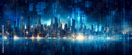 Future Olympic city, technology metropolis blue skyline background wallpaper. Generative Ai Illustration. 