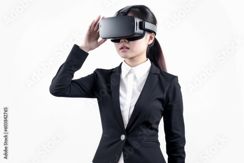 Business woman wearing virtual reality glasses. VR concept. AI generated, human enhanced