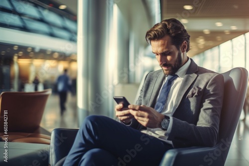 Male businessman with smartphone in airport lounge. AI generated, human enhanced.
