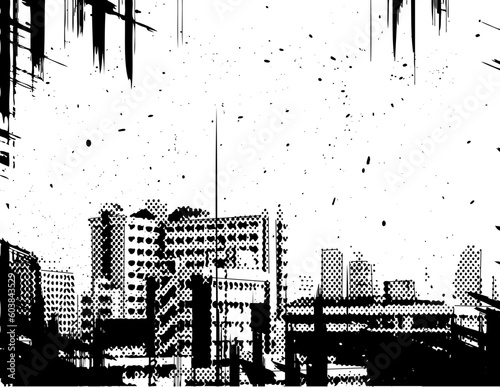 Vector halftone design of a city skyline with grunge on separate layers