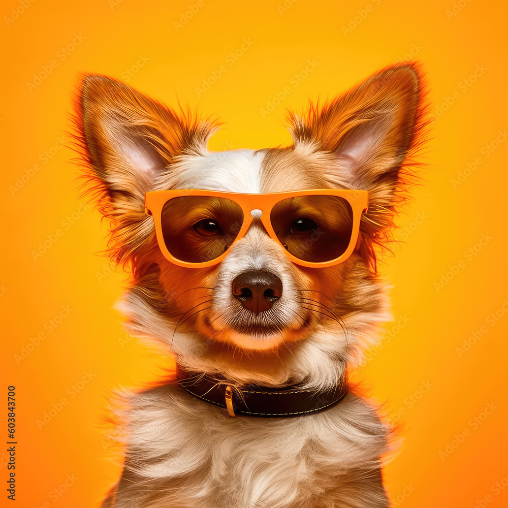Dog portrait wearing sunglasses on orange background. Generative AI Dog portrait wearing sunglasses on orange background. Generative AI
