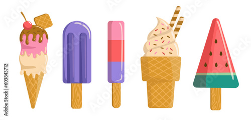 Set of ice cream. Collection of cold desserts and delicates at sticks and in cones. Stickers for social networks for summer season. Cartoon flat vector illustrations isolated on white background