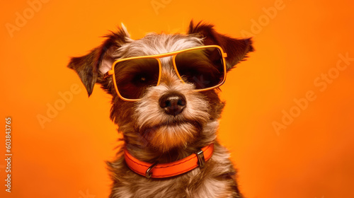 Dog portrait wearing sunglasses on orange background. Generative AI
