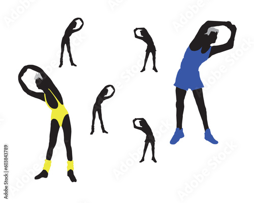 Older woman and man excercising semi sillhouette with additional background sillhouettes