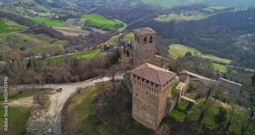 Aerial view, orbital movement, of the castle of Sarzano. Medieval fortification, it is one of the castles of the Matildic lands. Casina , Reggio Emilia province, Emilia Romagna, Italy, Europe photo