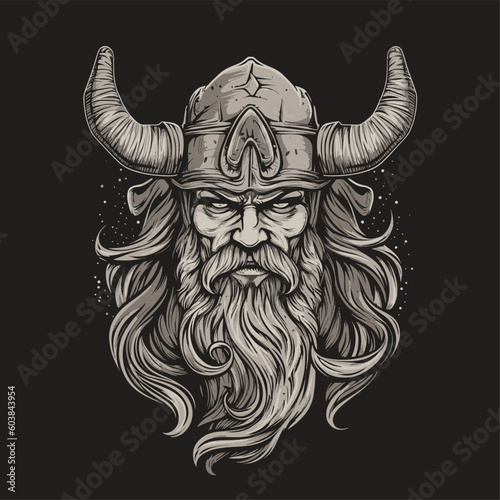 Head of a bearded viking with a formidable face in a helmet with horns isolated on a black background