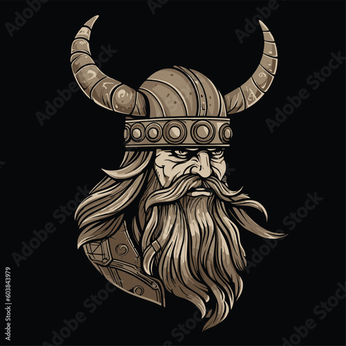 Head of a bearded viking with a formidable face in a helmet with horns isolated on a black background