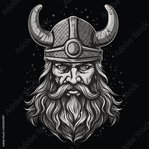 Head of a bearded viking with a formidable face in a helmet with horns isolated on a black background