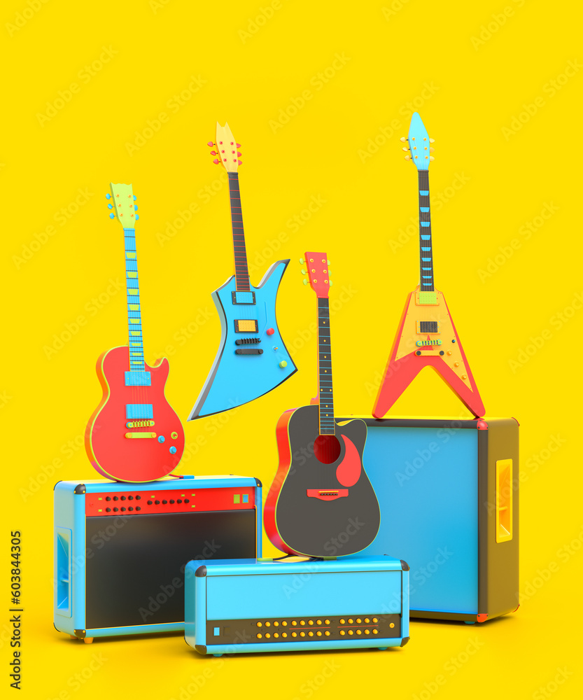 Set of electric acoustic guitars and amplifiers on multicolor background Set of electric acoustic guitars and amplifiers on multicolor background