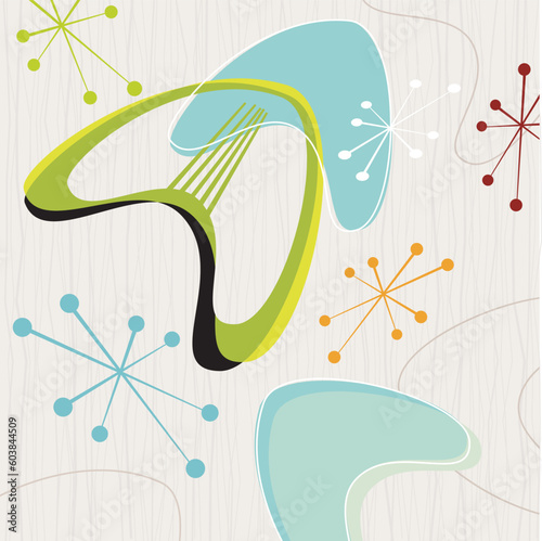 Retro barkcloth fabric-inspired design with shapes and boomerangs. Each item is grouped so you can use them independently from the background. Layered file for easy edit--no transparencies or strokes!