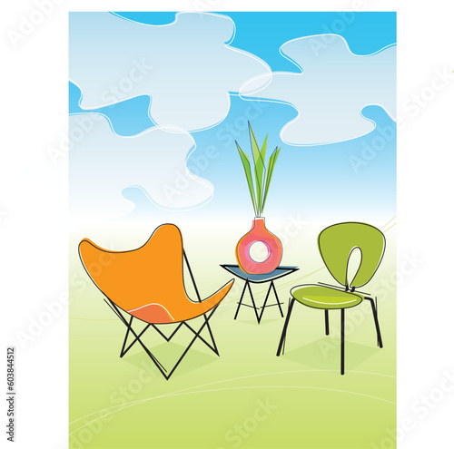 Retro Outdoor Patio Seating. Each item is grouped so you can use them independently from the background. Layered file for easy edit--no transparencies or strokes!