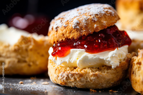 Fotografia close up of a freshly baked british scone with cream and red jam