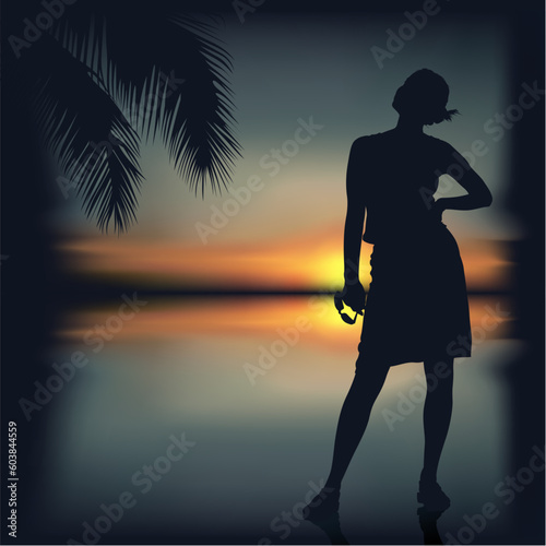Girl and tropical sunset - Highly detailed and coloured illustration