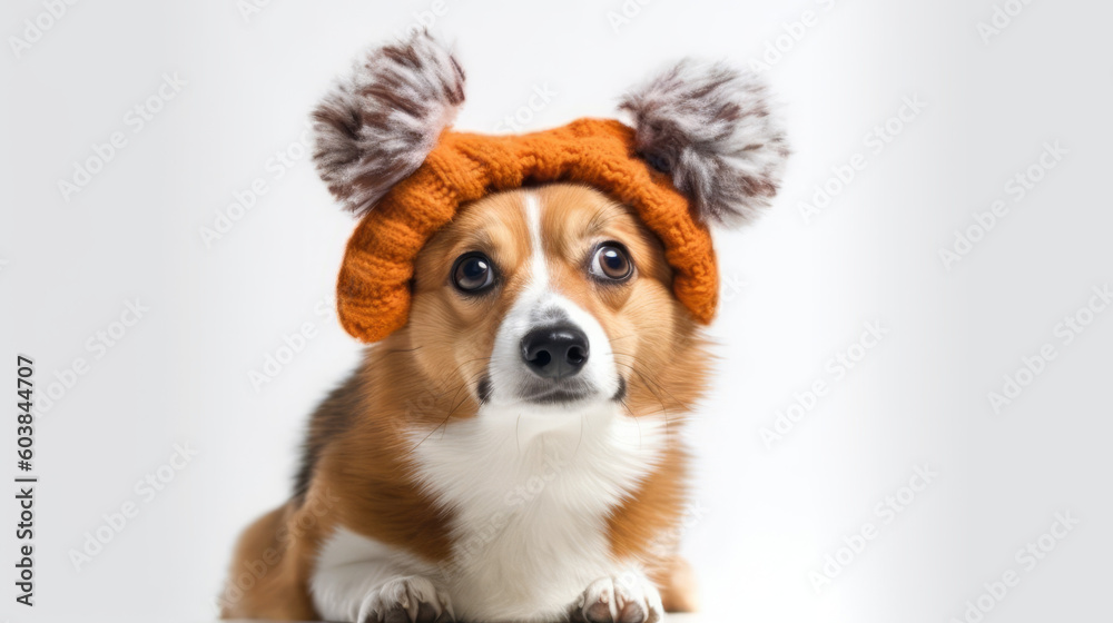 Corgi dog wearing a beanie,white background Corgi dog wearing a beanie,white background