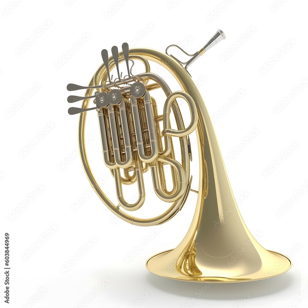 realistic single,French horn,side view,white background,high detail, 8k