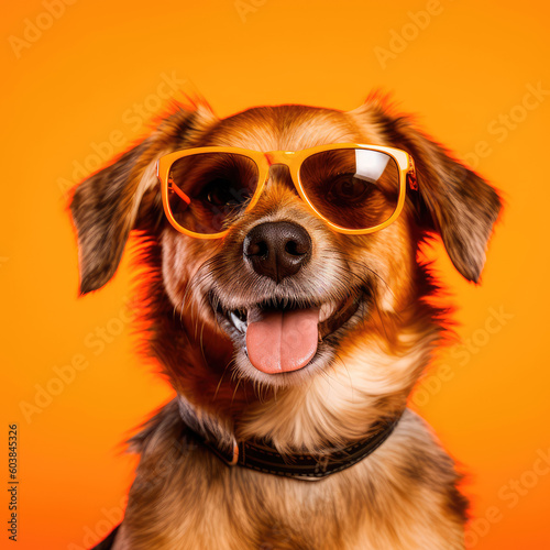 Dog portrait wearing sunglasses on orange background. Generative AI © keks20034