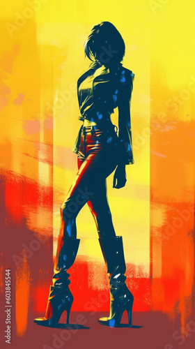 Vintage Glam: Silhouette of a Woman with Pin-up Style Ankle Boots on a Modern Poster. generative AI, © oraziopuccio