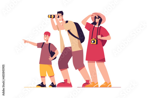 Vector illustration of a happy traveling tourist family